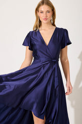 Navy Satin Maxi Dress - Loulou Style